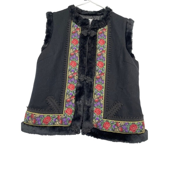 Victor Costa Occasion Black Vest Size Large Wool Faux Fur Soutache Trim Floral - Picture 4 of 11